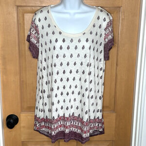 Lucky Brand Women's T-Shirt Size L Ivory Purple Geo Scoop Neck Short Sleeves